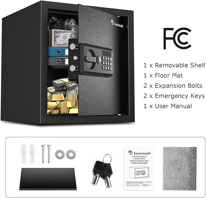 Bonsaii 1.2 Cu. Ft. Security Safe Box, Keypad Lock, Spare Keys & USB Port | Heavy-duty SPHC steel ensures high security for cash, jewelry, and documents. Features passcode, keys, USB Type-C - Image 8