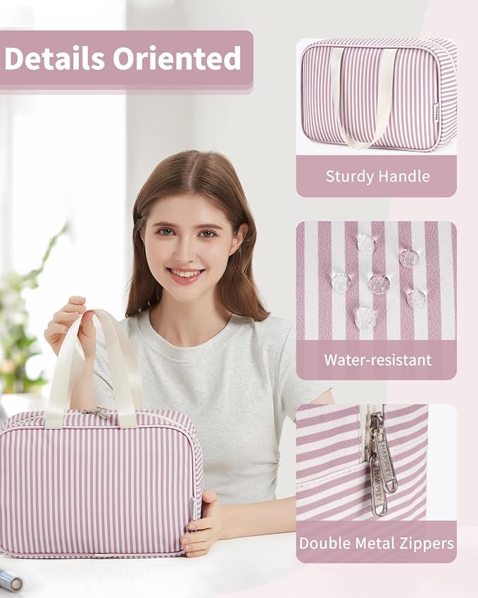 Full Size Toiletry Bag Women Large Cosmetic Bag Travel Makeup Bag Organizer Medicine Bag for Toiletries Essentials Accessories (Dusty Rose Stripe, Large) - Image 3