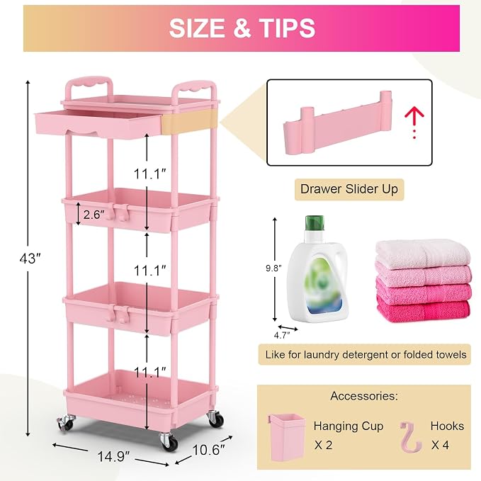 Goovilla 4 Tier Rolling Utility Cart Organizer with Removable Drawer, Pink | Stable and Sturdy Rolling Storage Carts with 2 Lockable Wheels for Bathroom, Kitchen, Snack, Craft, Makeup, Baby Essentials - Image 4