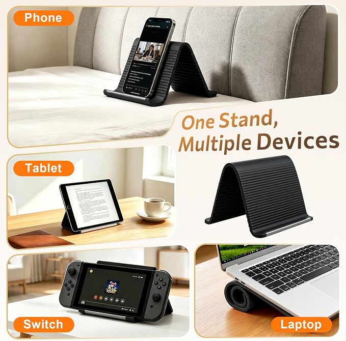 Flexible Silicone Phone Stand with Aluminum Core, Foldable Silicone Phone Holder for Cell Phones, Tablets & Small Devices, Adjustable Desktop & Airplane Phone Holder for Travel, Office & Home (Black) - Image 3
