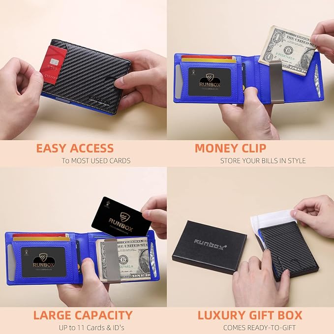RUNBOX Slim Wallet for Men - RFID Blocking Leather Bifold with Money Clip | Minimalist Front Pocket Wallet Holds 11 Cards,Slim Thin Design,RFID Blocking Protection, Practical Birthday Gifts for Men - Image 2