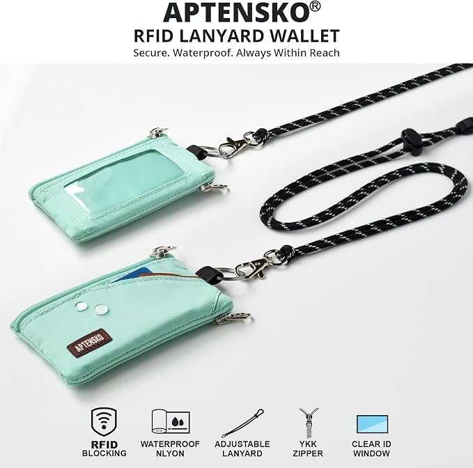 RFID Blocking Travel Wallet with Adjustable Lanyard, Small Nylon Zipper Pouch and Badge Holder for ID, Credit Cards, Cash, Keys, Commuters (Mint Aqua) - Image 2