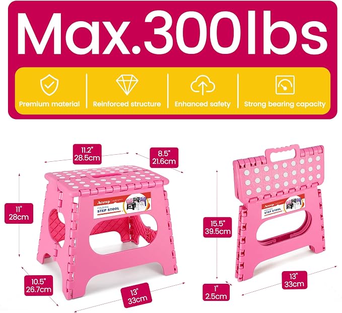 11" Folding Step Stool for Kids, Holds 300 lb Foldable Stools, Pink | Heavy Duty Collapsible Foot Stool, Lightweight with Built-in Handle, Non-Slip for Adults Kitchen Bathroom Bedroom Outdoor - Image 4