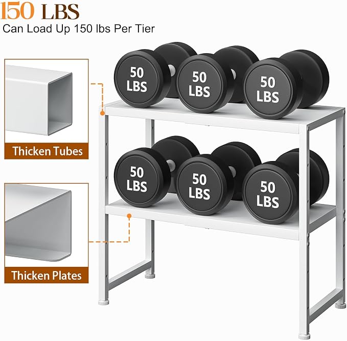 2-Tier Expandable Kitchen Storage Shelf,150LBS Heavy Duty Metal Shelving Units For Small Appliance,Adjustable Pots and Pans Organizer Rack Shelves For Kitchen Counter Under Cabinet Garage Pantry,White - Image 4