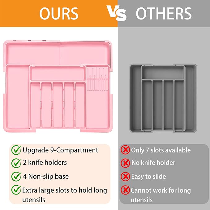 Homecor Silverware Organizer - Expandable Large Kitchen Drawer Organizer Utensil Organizer with 2 Knife Block Inserts, 22"x 19"Cutlery Tray with Drawer Dividers for Kitchen Flatware (Pink) - Image 4