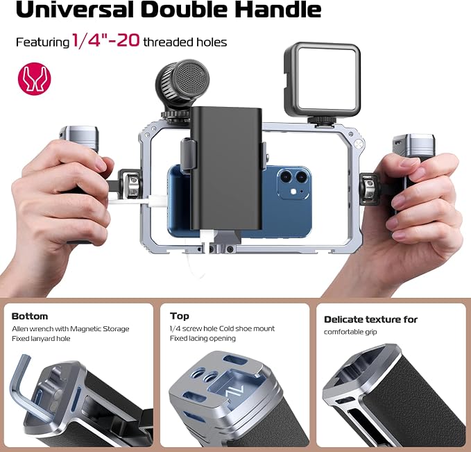 ULANZI Universal Phone Video Rig Kit with Handles, Aluminum Handheld Stabilizer Phone Video Filmmaking Grip for Video Maker Videographer with Cold Shoe for iPhone 16 15 14 13 Mini Pro Max 8 Plus - Image 2