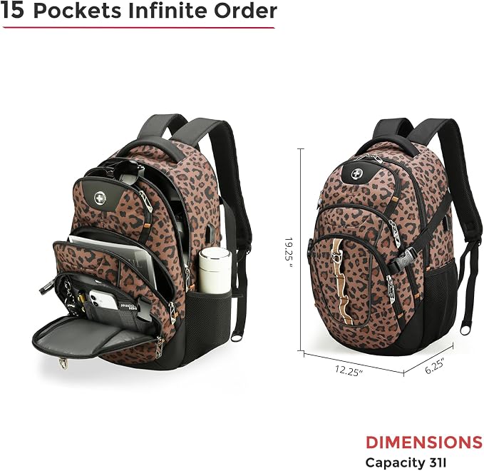 Swissdigital Laptop Backpack, Brown Leopard, SD803-103 | USB Charging Port, Travel Backpack, 31l Capacity, Backpack For Men and Women - Image 4