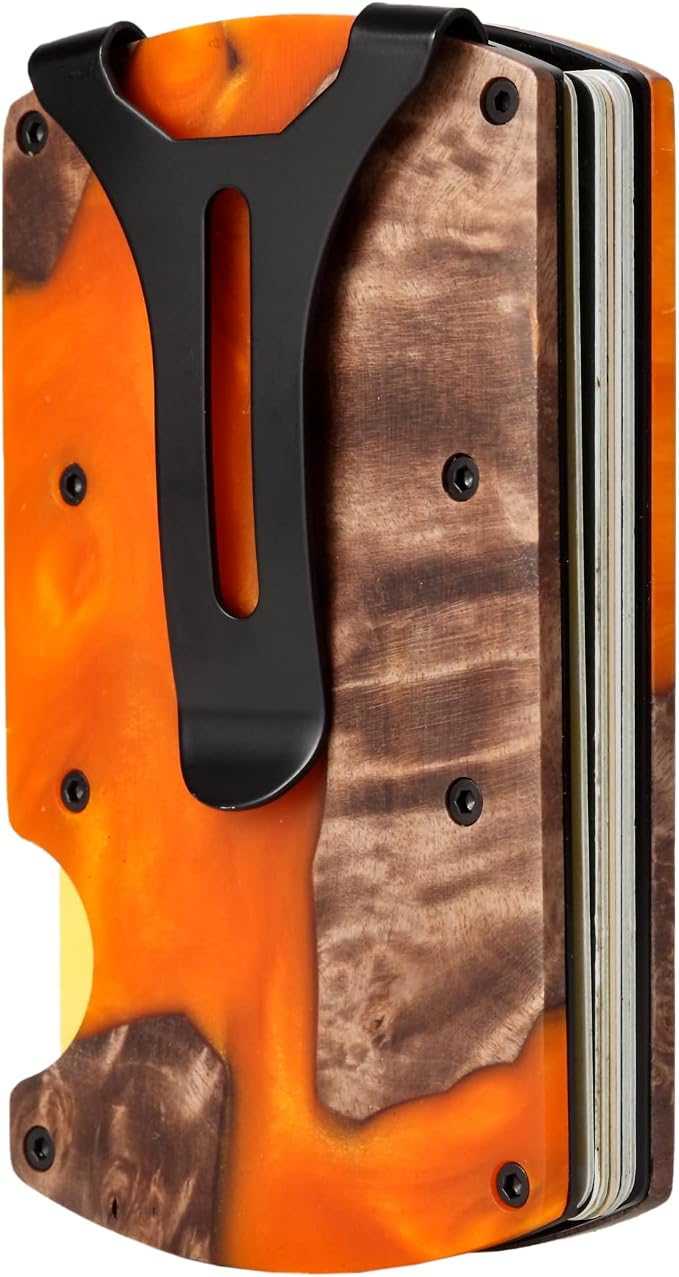 Minimalist Wallet for Men, Slim Metal RFID Blocking Wallet Credit Card Holder Money Clip & Cash Strap, Scratch-Resistant Holds 15 Cards,Ideal Gift for Men | Resin Wood, Unique Pattern,Orange - Image 7