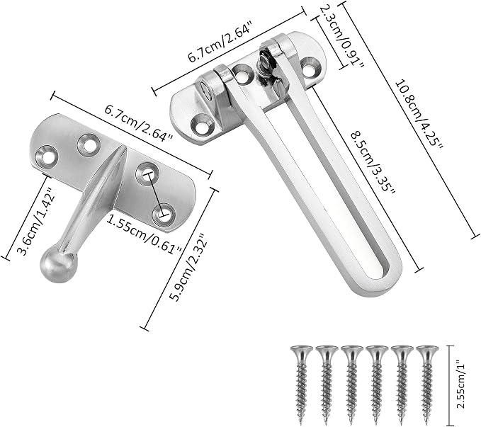 Door Lock Latch Swing Bar Door Guard Latch Home Hotel Lock Silver | SUS-304 Stainless Steel Door Chain Lock Gate Reinforcement Swing Latch for Hinged Swing-in Front & Inside Door Fence Security - Image 6