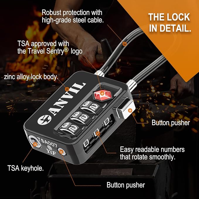 ANVIL TSA Locks for Luggage with Search Alert: Durable Cable Combination Locks, TSA Approved - Secure Travel Locks for Suitcases, Backpacks & Gun Cases (2, Black) - Image 7