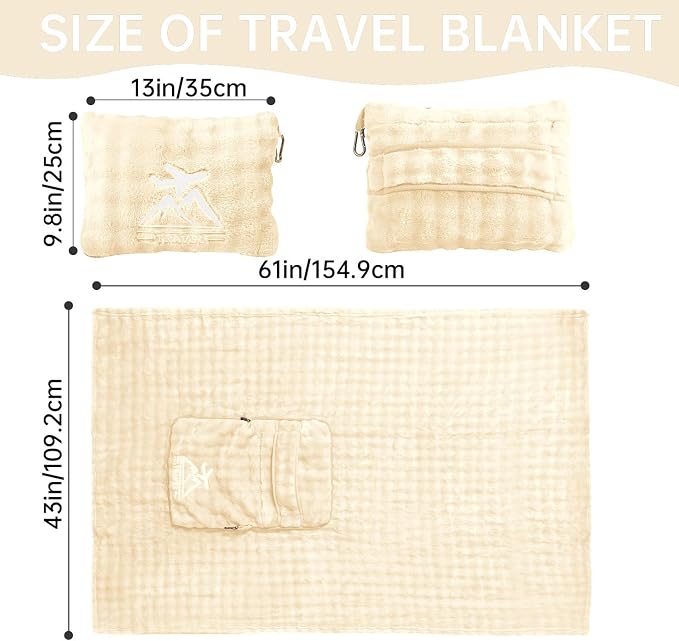Travel Blanket and Pillow-2-in-1, Ultra-Soft&Compact, One-Piece Airplane Blanket with Hand Luggage Belt and Backpack Clip,Travelers Accessories Gifts, 61x43 Inches(White) - Image 3