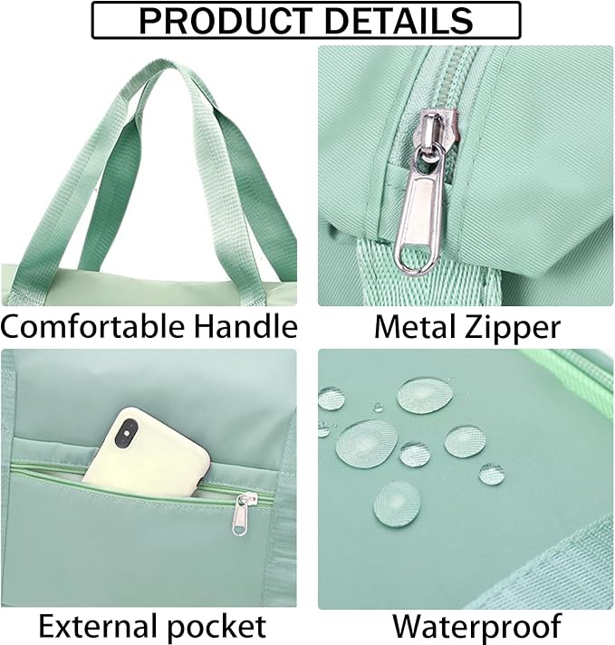INVODA Travel Duffel Bag For Women and Men Waterproof Expandable Weekender Overnight Carry On Tote Bag Dry Wet Separation Swim Sports Gym Bag (Green) - Image 3