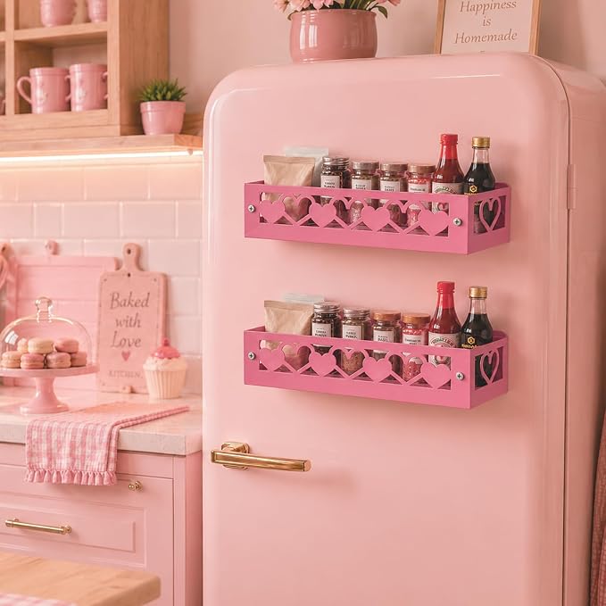 OYEFLY Pink Heart Magnetic Spice Rack for Refrigerator, Metal Magnetic Shelf Basket, Cute Fridge Organizer and Storage, Pink Kitchen Accessories for Spice Storage, Cabinet or Laundry Room (2) - Image 7