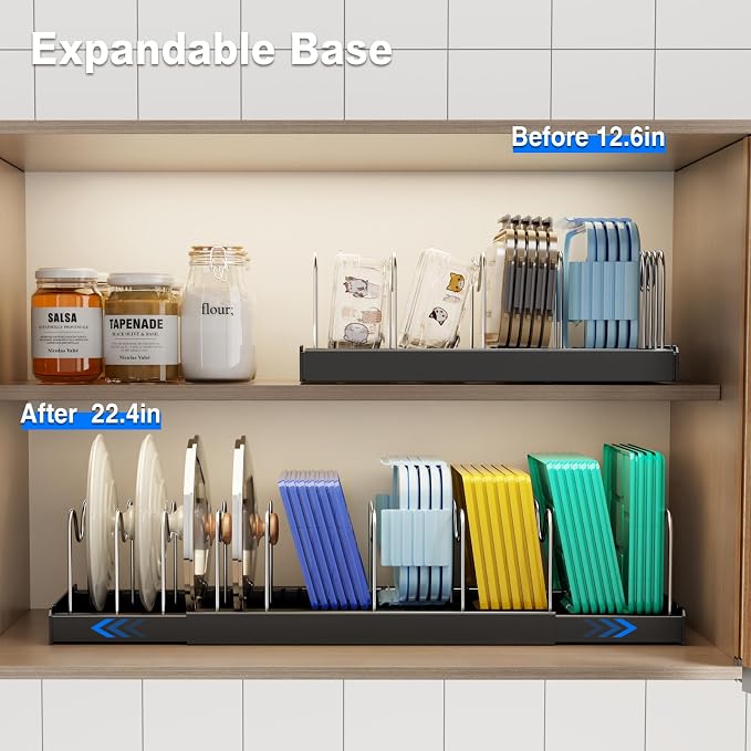 Mustorn 2 Pack Pots and Pans Organizer under Cabinet, 22" Expandable Food Storage Container Lid Organizer with 9 Adjustable Stainless Steel Dividers, ABS Base, Countertop Rack, Black - Image 3