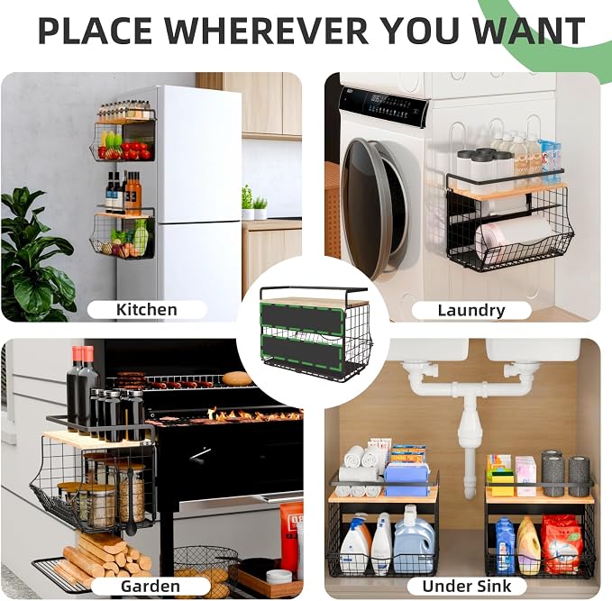 Magnetic Shelf for Fridge with Wood Lid, Fruit Potato and Onion Storage Bins, Kitchen Large Container Magnetic Spice Rack for Refrigerator, Kitchen Counter, Tools, Snack (BLACK, 2 Pack) - Image 6