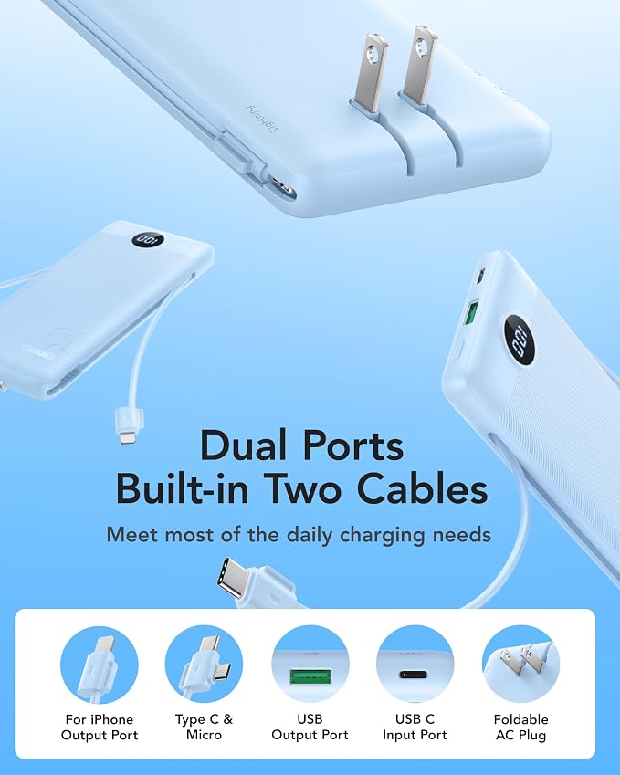 VRURC 10000mAh Portable Charger with Built-in Cables and AC Plug, Blue | 22.5W fast charge, LED display, Micro, USB-C and Phone cables, 4 outputs, 8 oz, airline approved - Image 2