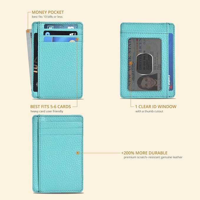 Slim Minimalist RFID Leather Wallet, Front Pocket Card Holder, Light Green - Image 2