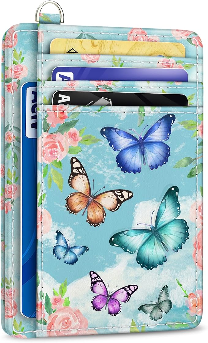 Yonlevres Credit Card Holder Slim RFID Wallet Women Small Butterfly Travel | Front Pocket, Handy, RFID Blocking, Woman Girls Ladies Gifts, D-ring for Keychain,Thin Mini Card Case, ID Window, PU Leather by Yonlevres