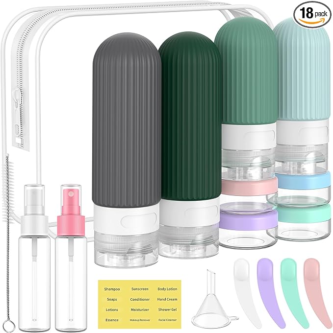 ME.FAN Travel Bottles for Toiletries,18 Pack Silicone Portable Size Bottle, TSA Approved Refillable Cosmetic Container Kits for Conditioner, Shampoo, Lotion,Face Cream - Blue by MEFAN
