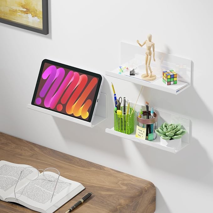 PAVSTINE Acrylic Wall Floating Shelves Set of 2, Wall Shelves White 12 Inch Adhesive Wall Organizer Adhesive Shelf for Bathroom, Kitchen, Bedroom, Office, Gaming Room, No Damage, No Drill - Image 4