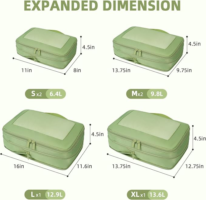 BAGAIL 4 Set/6 Set/8 Set Compression Packing Cubes Travel Accessories Expandable Packing Organizers (Square Mesh, 06-Matcha Green) - Image 2