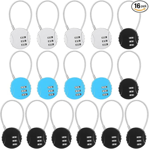 16 Pack 3 Digit Combination Cable Padlock,Black,Silver,Blue | Resettable for Gym Locker Luggage Backpack, Waterproof Outdoor Security, Small Combo Lock for Travel School Storage by Moxweyeni
