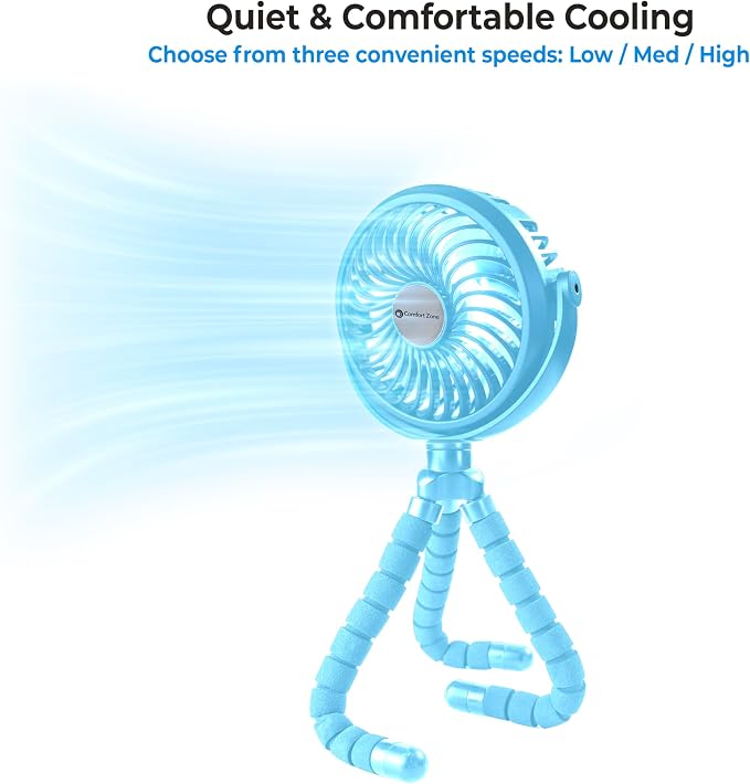 Comfort Zone Portable Stroller Fan, Light Blue | Rechargeable Battery Operated, Clip-On with 360° Flexible Tripod, LED Light, 3-Speed Cooling - Image 9