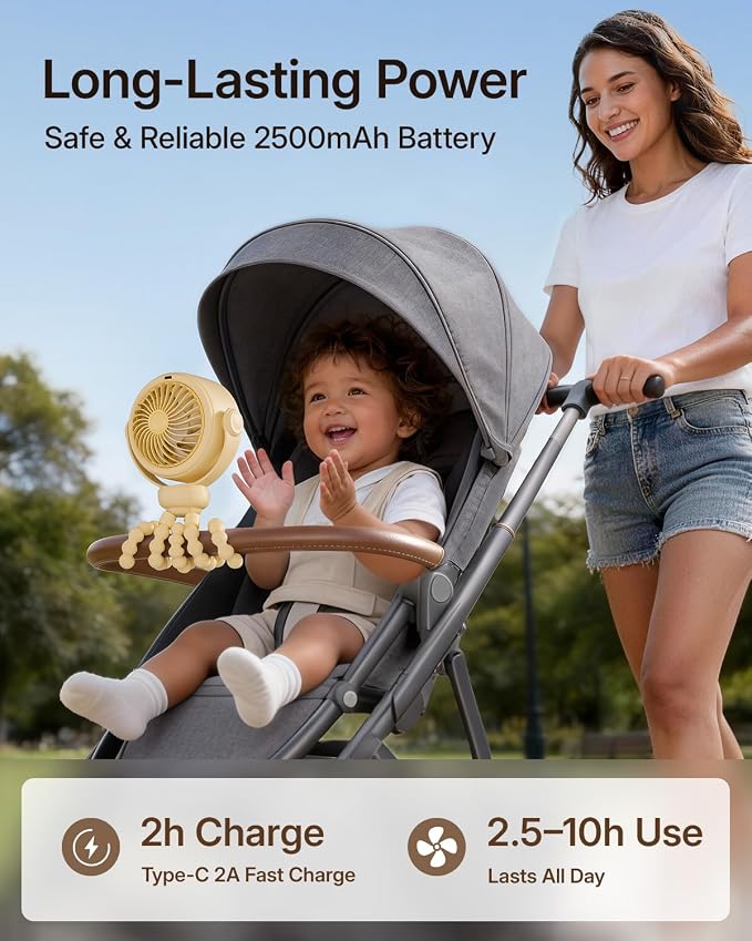 SWEETFULL Portable Stroller Fan, Pinch-Proof Baby Fan - Yellow | Wide Turbine Airflow; Safe Design; LED Display; 5-Speed; 30dB Quiet; USB-C Rechargeable; Mini Clip On Fan for Car Seat & Bed - Image 4