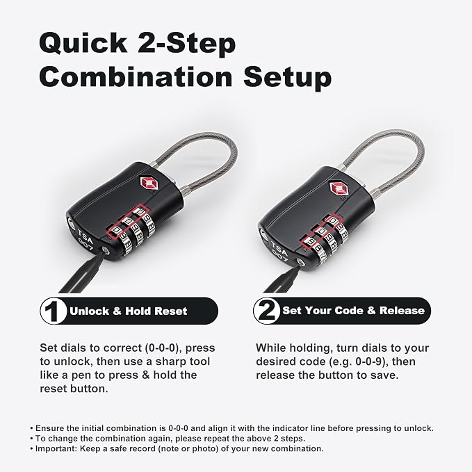 TSA Locks for Luggage, Small Padlock Combination with Cable, Luggage Locks TSA Approved, Combo Padlock with Code, for Travel Suitcase, Gym Locker, Gun Case, Backpack Zipper (Black+Black) - Image 6