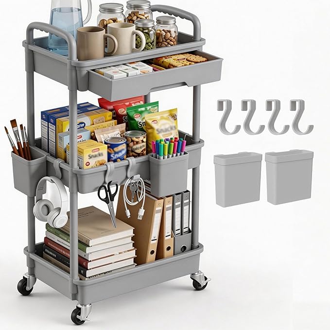 3 Tier Rolling Utility Cart with Drawer, Plastic Storage Organizer Rolling Carts with Wheels Handles Hanging Cups Hooks for Office, Bathroom, Kitchen,Craft Art Room (Grey) by LLMRR