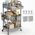 3 Tier Rolling Utility Cart with Drawer, Plastic Storage Organizer Rolling Carts with Wheels Handles Hanging Cups Hooks for Office, Bathroom, Kitchen,Craft Art Room (Grey) by LLMRR