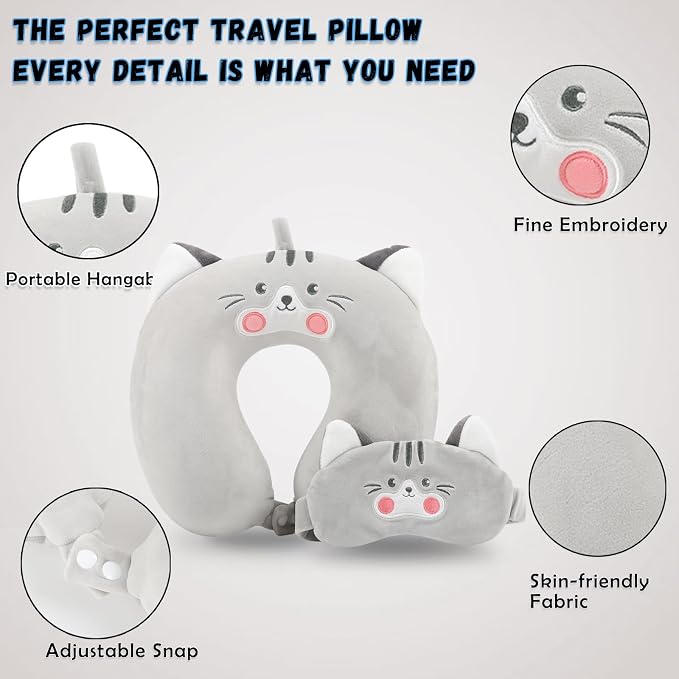 Travel Pillow, Kids Travel Pillow with Sleep Eye Mask Soft Memory Foam Kids Neck Pillow for Boys & Girls, Travel Accessories for Car Airplane Traveling - Grey Cat - Image 5