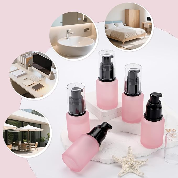 Segbeauty 1oz Frosted Empty Glass Lotion Bottles, 5pcs Small Pump Bottle Travel Size Pump Dispenser, 30ml Pink Reusable Cosmetic Containers for Cream, Refillable Glass Travel Bottle for Toiletries - Image 6