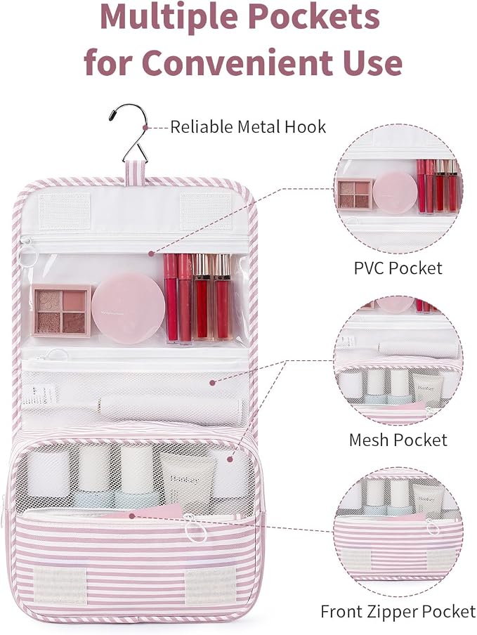 Narwey Small Hanging Toiletry Bag for Travel Women Girl, Striped Toiletries Travel Bag with Hook, Hanging Makeup Bag Organizer Make Up Cosmetic Bags, Gifts for Kids Teen (Dusty Pink Stripe) - Image 3