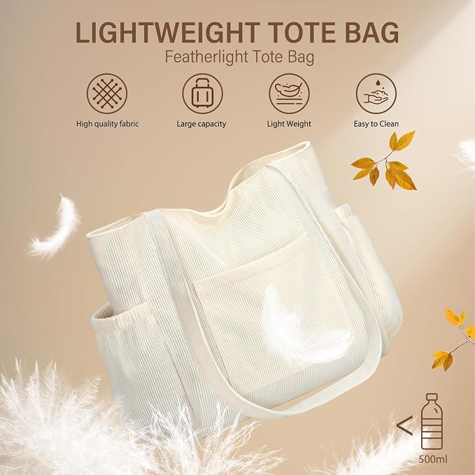 Corduroy Tote Bag for Women,Large Capacity Cute Tote Bags With 6 Pockets,Crossbody Shoulder Handbag for Work Travel Gym - Image 8
