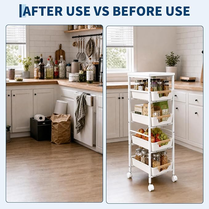 Garvee 5-Tier Slim Rolling Storage Cart, 9.5" Wooden Top Narrow Kitchen Carts on Wheels with Pull-Out Baskets, Mobile Shelving Unit Organizer for Kitchen, Bathroom, Laundry Room, Small Spaces - Image 6