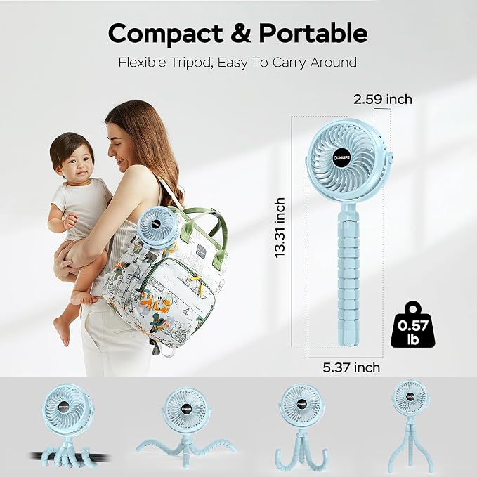 COMLIFE Baby Stroller Fan With Light, Rechargeable Battery Operated, Max 10Hrs Cooling, 3 Speeds, 360° Rotate USB Desk Fan, Flexible Tripod Clip On Fan for Stroller Car Seat Crib Treadmill Golf Cart - Image 8