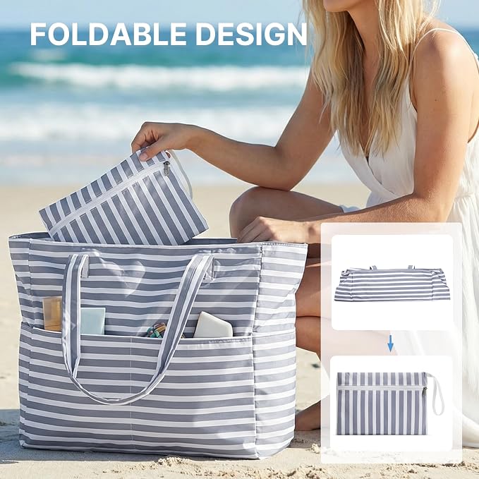 G4Free Large Beach Bag Waterproof Sandproof, Zipper Pool Tote for Women | XL Large Capacity, with Wet Compartment, Foldable Packable with A Pouch, for Swim Travel Grocery - Image 6
