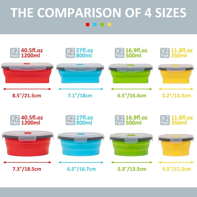 Collapsible Silicone Food Storage Containers Set with Lid & Air Vent, Foldable Lunch Containers, 8 Pack (4 Rectangular + 4 Round Bowls), BPA-Free, Space-Saving - Image 6