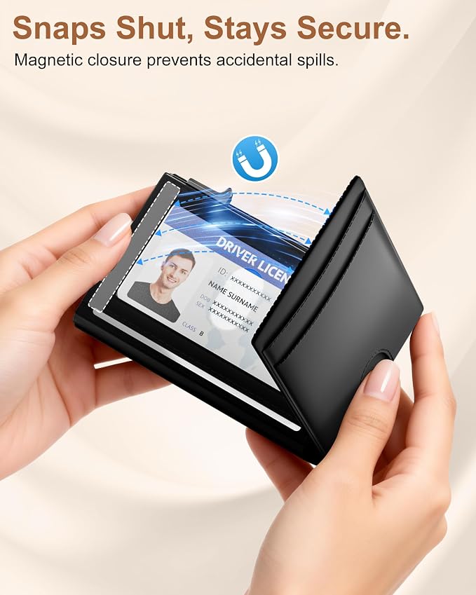Wallet for Men: Pop Up Card Case, RFID Blocking, Slim, Minimalist, Genuine Leather, Front Pocket, Smart, Thin, Compact, Magnetic Flap Closure - 2 ID Windows, Up to 12 Cards & 15 Bills (Black) - Image 8