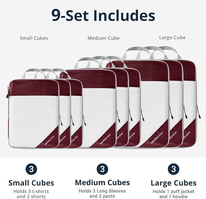 9 Set Compression Packing Cubes for Travel - Compressible, Lightweight, and Space-Saving Packing Cubes, Travel Essentials for Women, Wine - Image 3