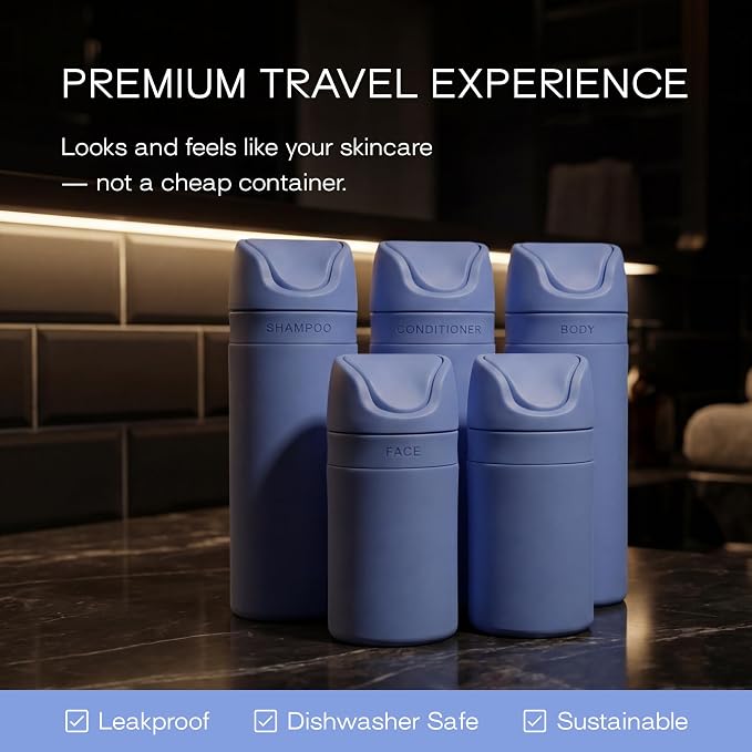 RIES Travel Bottles for Toiletries | Travel Size Containers | 5 Pack | Tsa Travel Bottles | Shampoo and Conditioner Leak Proof with Airless Pump | BPA Free Recycled Plastic & Dishwasher Safe - Image 3