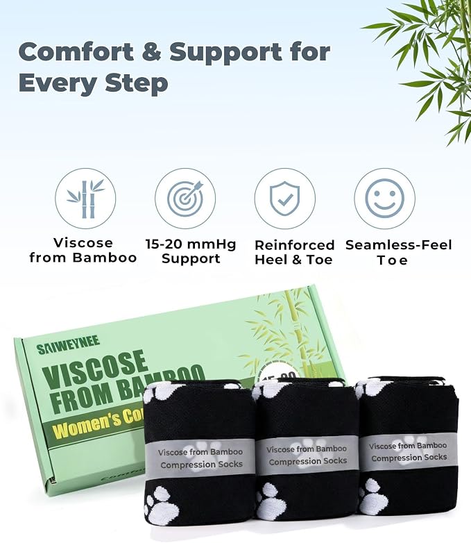 Compression Socks for Women 15-20 mmHg, Viscose from Bamboo, 3-Pair Knee High for Flying, Work & All-Day Comfort - Image 4