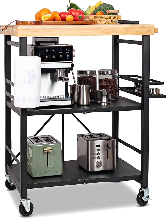Mythinglogic Foldable Kitchen Cart with Wheels, Rolling Kitchen Island with Wood Top, 3-Tier Microwave Stand Coffee Bar Cart with Side Storage Rack, Black - Image 8