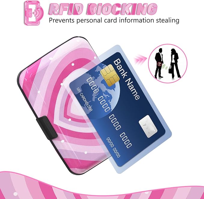 Credit Card Holder, Mini RFID Small Aluminum Card Wallet Business Card Case | Blocking Slim Metal RFID Blocking Front Pocket Wallet Hard Case Durable CC Holder for Women Girls, Pink Hearts - Image 2