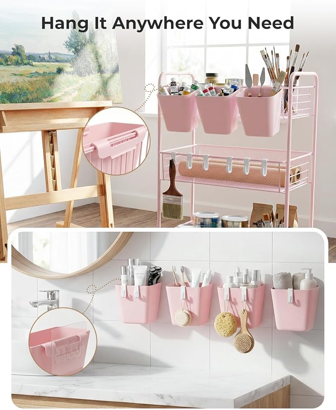 4 Pack Rolling Cart Accessories, Pink Craft Cart Cup Holder and 6 Hooks for Utility Carts, Adhesive Kitchen Cabinet Door Storage, Space-Saving Wall Mount Organizer for Bathroom, Office, Makeup - Image 5