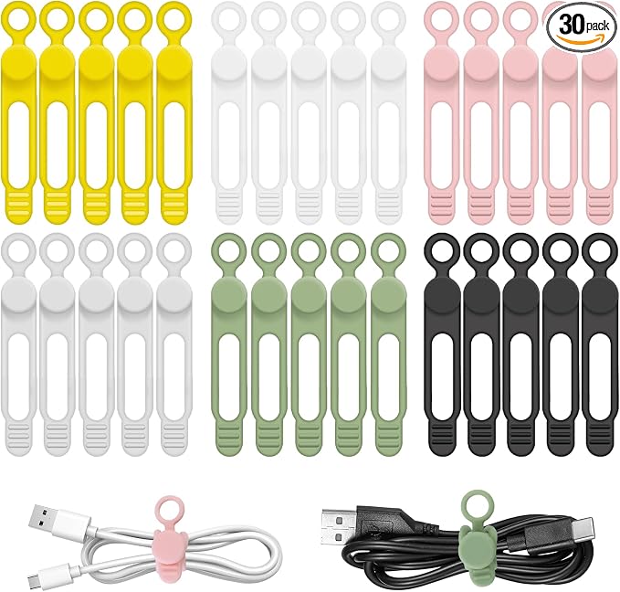 30Pcs Silicone Cord Ties for Electronics 3in Reusable Cable Organizer for Charging Cables, Electrical Cords, Computer Wires USB Data Cables 6Colors by CozyNestMo