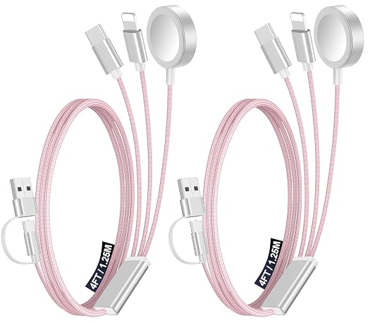 2Pack Travel Essentials for Apple Watch Charger,3-in-2 Multi Charging Cable | Cruise Vacation Camping Essentials for iPhone Charger,Type C/Lightning for iWatch,iPhone 17-12,Xbox Series X&S-4FT Pink by Accessoriesforphoneandelectricproducts