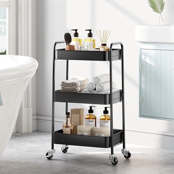 TOOLF 3 Tier Metal Rolling Cart, Utility Storage Cart with Wheels, Black | Screwless Assembly, Lockable Metal Wheels, Trolley Organizer for Bathroom, Kitchen, Office, Dorm, Laundry, Craft Room - Image 7