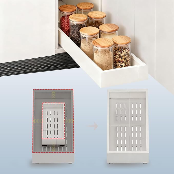 Fokyfok Pull out Cabinet Organizer,7"-11"W,17"-24"D,Expandable,Adhesive | No Drill,Adjustable Slide out Drawers for Kitchen,Pantry,Roll out Shelves,for Cabinets Without Lip,Bathroom,White,1PC by Fokyfok